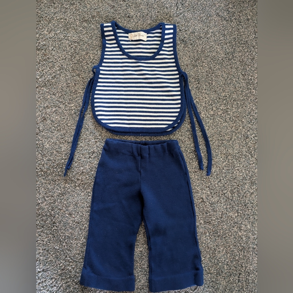 Vintage 1970's Toddler 2T Matching Set Rare Striped Blue Baby Outfit Bell Bottom
